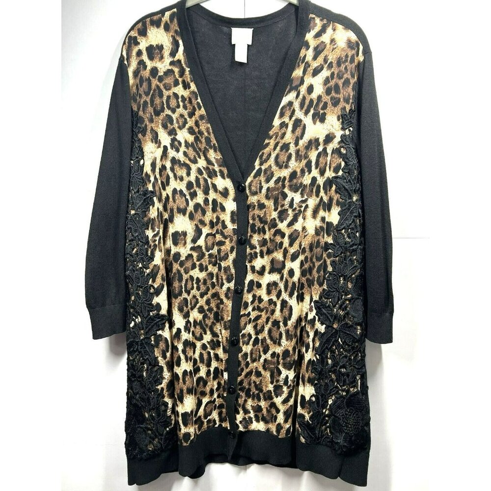 Chico's Cardigan Women's XL Animal Black Lace Button Up Tunic Length 3/4 Sleeves
